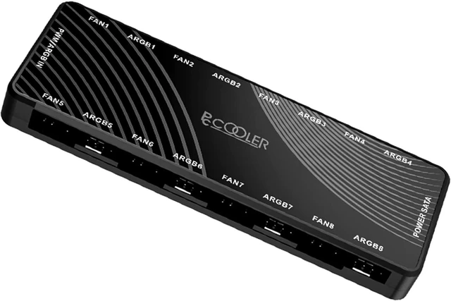 Main image of PCCOOLER ARGB Fan Hub, PWM ARGB Hub Addressable 5V 3Pin ARGB & 12V 4Pin PWM 2-in-1 RGB Case Fan Hub with Hidden Magnetic Base and SATA Power 16 Port, Support 8 Computer CPU Fans Splitter RGB Hub Black