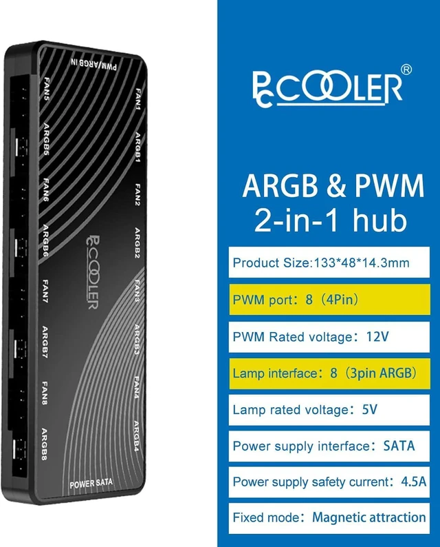 Alt view image 7 of 7 - PCCOOLER ARGB Fan Hub, PWM ARGB Hub Addressable 5V 3Pin ARGB & 12V 4Pin PWM 2-in-1 RGB Case Fan Hub with Hidden Magnetic Base and SATA Power 16 Port, Support 8 Computer CPU Fans Splitter RGB Hub Black