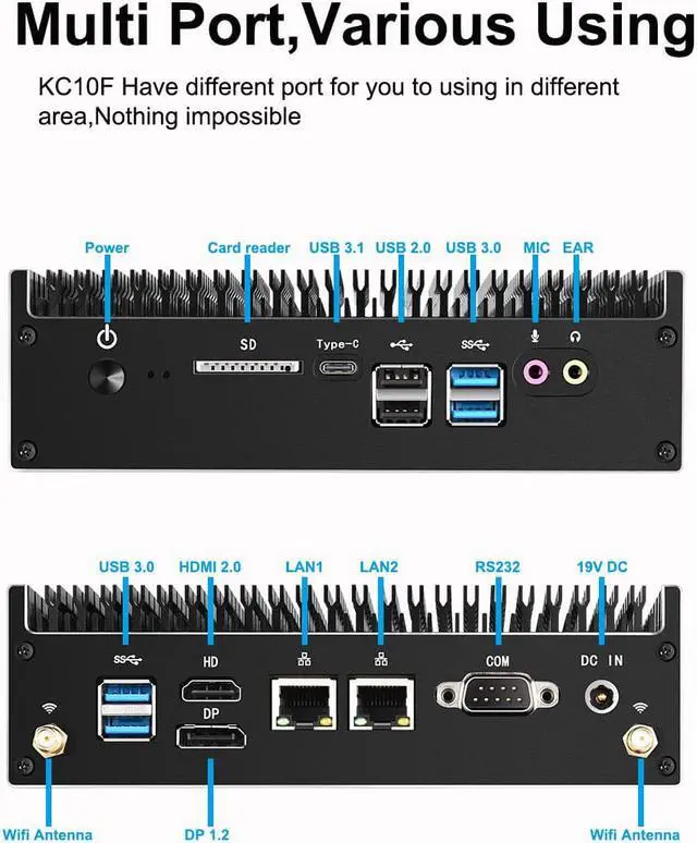Alt view image 6 of 7 - Chatreey KC10F Mini PC Fanless Design intel core i7-10510u Desktop Computer Dual lan Dual 4K Output  16G Ram 1TB NVME SSD industrial PC Support Auto power on