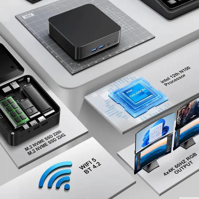 Alt view image 3 of 7 - Chatreey T9 Mini PC intel N100 Ultra Small Pocket Computer 16G RAM 512G SSD 4x4K@60GHZ Output 2xTYPE-C Support Auto Power On