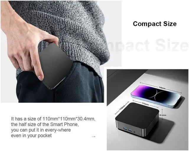 Alt view image 2 of 7 - Chatreey T9 Mini PC intel N100 Ultra Small Pocket Computer 4x4K@60GHZ Output 2xTYPE-C Support Auto Power On N100 No Memory / No Hard Drive T9