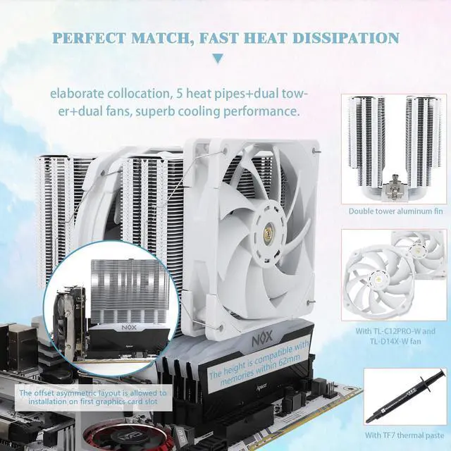 Alt view image 4 of 6 - Thermalright FC 140 white CPU Air Cooler, Dual Tower 5 Heat Pipe, TL-D14X-W and TL-C12PRO-W PWM Fan, Aluminium Heatsink Cover, AGHP Technology, for AMD AM4/Intel LGA 1150/1151/1155/1156/1200/2011/2066