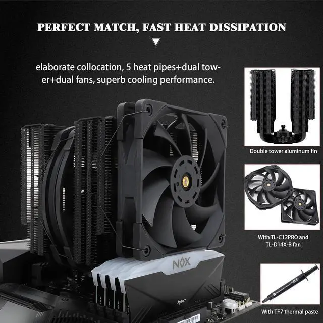 Alt view image 4 of 6 - Thermalright Frost Commander 140 BLACK High-Performance CPU Cooler,Dual-Tower Design, Dual High-Performance PWM Fans,5 Copper Heat Pipes CPU Air cooler,For AMD AM4 AM5/Intel 1700/1151/1155/1200/20XX