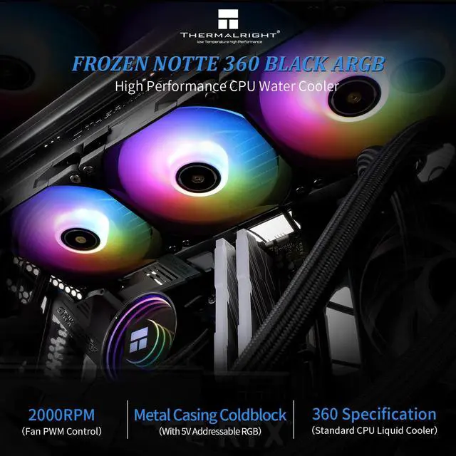 Alt view image 4 of 6 - Thermalright Frozen Notte 360 BLACK ARGB Water Cooling CPU Cooler, 360 Black CPU Cooler Specifications, Double PWM Fans, S-FDB V2 Bearings, Suitable for AMD/AM4 AM5,Intel LGA 1700/1150/1151/1200/2011