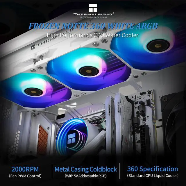 Alt view image 4 of 6 - Thermalright Frozen Notte 360 WHITE ARGB Water Cooling CPU Cooler, 360 White CPU Cooler Specifications, Double PWM Fans, S-FDB V2 Bearings, Suitable for AMD/AM4 AM5, Intel LGA 1700/1150/1151/1200/2011