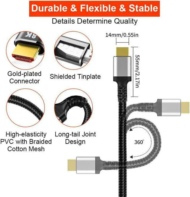 Alt view image 2 of 7 - 8K HDMI Cable 2.1 48Gbps 16.4FT/5M,AUBEAMTO High Speed HDMI Braided Cord-4K@120Hz 8K@60Hz, DTS:X, HDCP 2.2 & 2.3, HDR 10 Compatible with Dolby Vision Apple TV 4K Roku Sony LG Samsung Xbox PS4 PS5