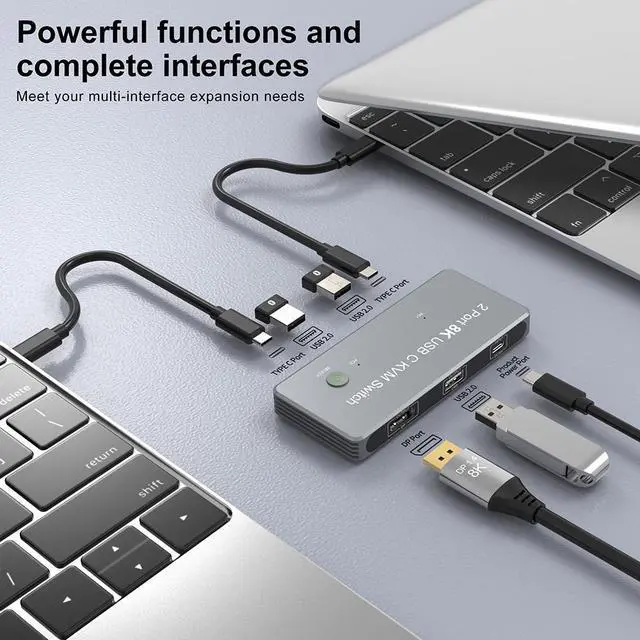 Alt view image 3 of 7 - AUBEAMTO USB-C 8K KVM Switch DP 1.4 2xUSB-C PC to One DisplayPort Monitors 8K@60Hz 4K@144Hz 3X USB2.0 Sharing Mouse Keyboard Printer 2in 4out Converter Compatible with Thunderbolt 3/4