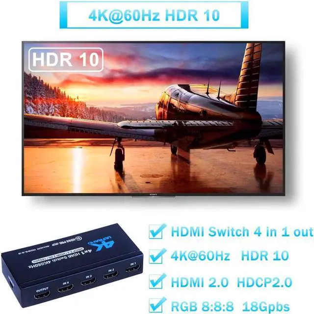 Alt view image 6 of 7 - 4K HDMI Switch 4x1, 4K@60Hz 4 in 1 Out HDMI Switcher Selector with IR Remote Control, Supports HDCP 2.2 4K@60Hz UltraHD HDR10 3D HD1080P Dolby DST, HDMI Splitter for PS4 Xbox Apple TV Fire Stick