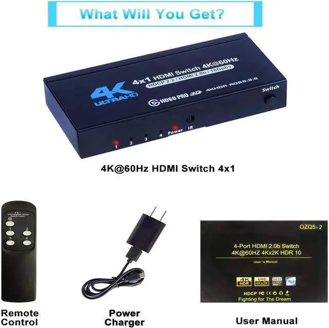 Alt view image 7 of 7 - 4K HDMI Switch 4x1, 4K@60Hz 4 in 1 Out HDMI Switcher Selector with IR Remote Control, Supports HDCP 2.2 4K@60Hz UltraHD HDR10 3D HD1080P Dolby DST, HDMI Splitter for PS4 Xbox Apple TV Fire Stick