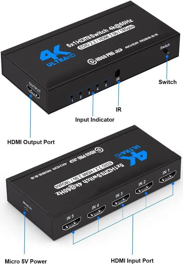 Alt view image 2 of 7 - HDMI Switch with Remote 5 Port 4K 60Hz, AUBEAMTO 5 in 1 Out HDMI Switcher Hub Selector Box Supports Ultra HD Dolby Vision, High Speed (Max to 18.5Gbps), HDR10, HDMI 2.0 HDCP 2.2 & 3D