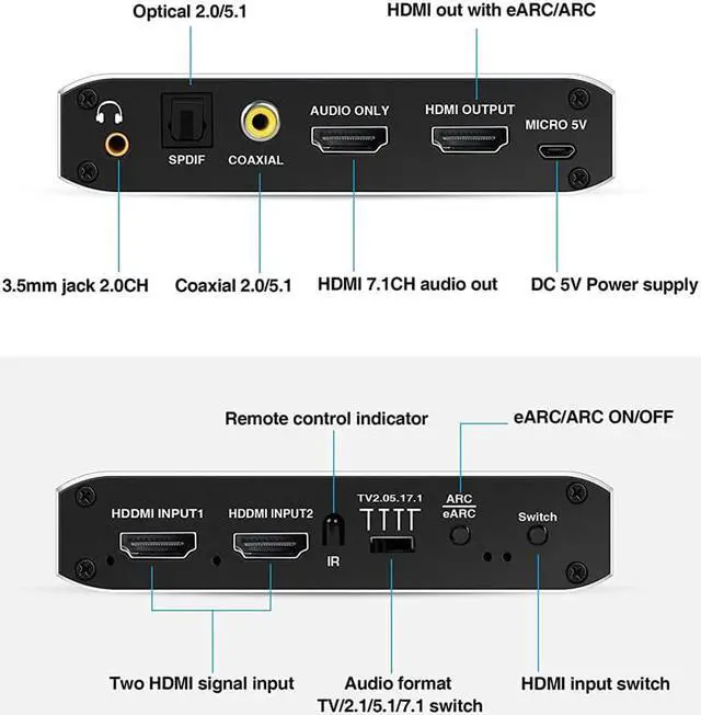 Alt view image 5 of 7 - HDMI Audio Extractor,AUBEAMTO 2x1 HDMI Switch to HDMI + Optical Toslink SPDIF + 3.5mm Audio Jack + Coaxial + 7.1Ch HDMI Audio Support ARC and eARC Function for Apple TV PS4