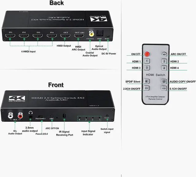 Alt view image 2 of 7 - 4K HDMI Switch Splitter,AUBEAMTO 4 in 2 Out HDMI Switch Splitter Support ARC with R/L 3.5mm Audio + Coaxial + SPDIF Audio Extractor Function with IR Remote Control