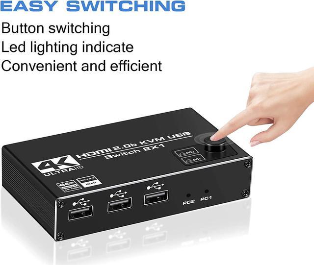 Alt view image 4 of 7 - HDMI KVM Switch, 4K@60Hz USB Switch 2x1 HDMI2.0 Ports + 3X USB KVM Ports, Share 2 Computers to one Monitor, Support Wireless Keyboard and Mouse, USB Disk, Printer, USB Camera (Included 2 USB Cable)