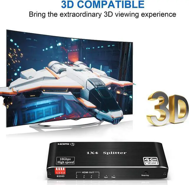 Alt view image 5 of 7 - 4K 60Hz HDMI 2.0 1X4 Switch Splitter,AUBEAMTO 4 Port 4K HDMI Switcher 1 in 4 Out, HDMI 2.0b and HDCP 2.2,4K@60Hz 1x4 HDMI Splitter.support RGB 8:8:8(7.1CH Dolby atmos, 16 kinds of EDID mode,HDR 10