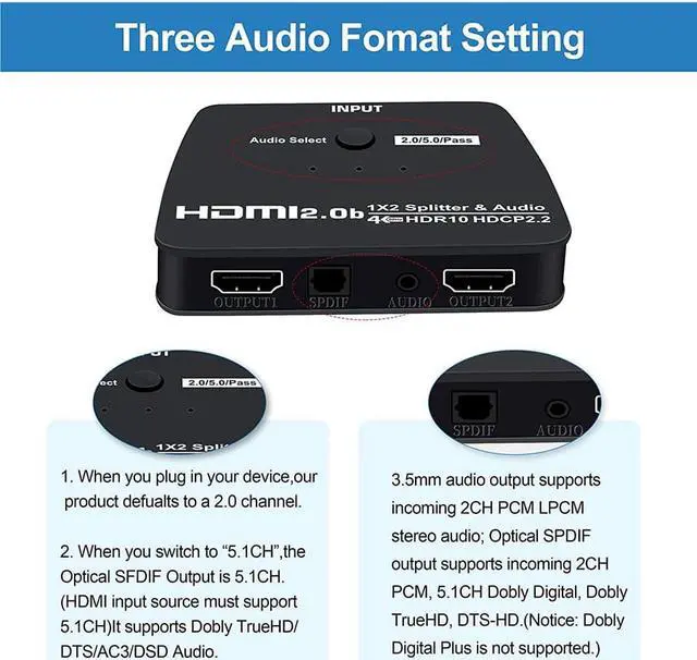 Alt view image 4 of 7 - AUBEAMTO 4K@60Hz HDMI Splitter 1 in 2 Out, 2 Way HDMI Splitter for Dual Monitors, 1x2 HDMI 2.0 Splitter Video Distributor Mirror Only, Support Full HD 1080P 3D HDCP1.4