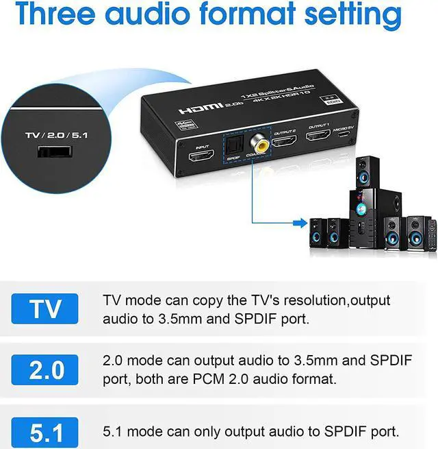 Alt view image 5 of 7 - HDMI Splitter Audio Extractor,AUBEAMTO 1 in 2 Out HDMI Splitter with 3.5mm Audio Jack + Coaxial + Optical Toslink SPDIF for Dual Monitors Duplicate/Mirror Only, Support HDMI 2.0 1080P/ 3D/ 4K