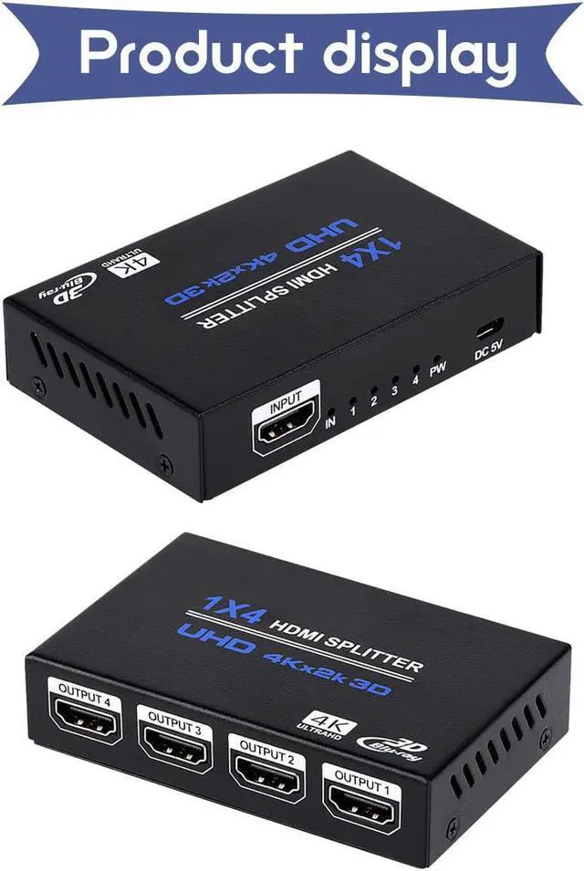 Alt view image 2 of 7 - 1x4 HDMI Splitter,AUBEAMTO 1 in 4 Out HDMI Splitter Audio Video Distributor Box Support 3D & 4K x 2K Compatible for HDTV, STB, DVD, PS3, Projector Etc