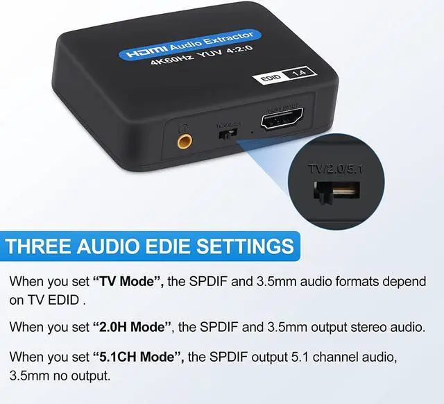 Alt view image 4 of 7 - HDMI Audio Extractor,AUBEAMTO 4K@60Hz HDMI to HDMI + Optical Toslink SPDIF + 3.5mm Audio Output, HDMI Audio Converter Adapter Embedder Support 1080P 3D Suit for Fire Stick, Xbox, Laptop