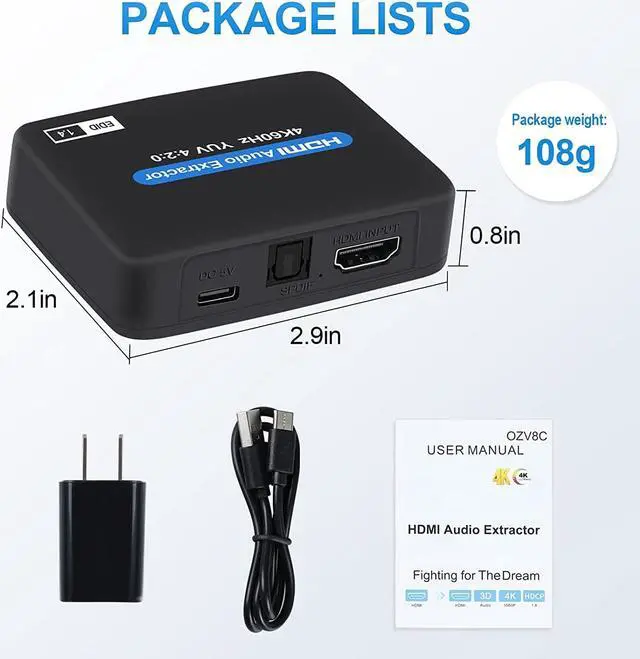 Alt view image 7 of 7 - HDMI Audio Extractor,AUBEAMTO 4K@60Hz HDMI to HDMI + Optical Toslink SPDIF + 3.5mm Audio Output, HDMI Audio Converter Adapter Embedder Support 1080P 3D Suit for Fire Stick, Xbox, Laptop