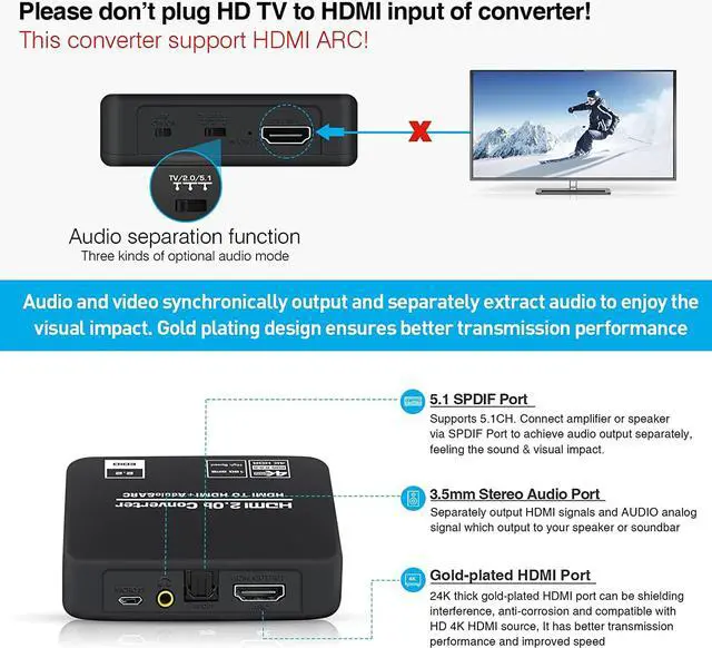 Alt view image 4 of 7 - AUBEAMTO 4K@60Hz HDMI 2.0b Audio Extractor Splitter Converter, HDMI to HDMI + Optical Toslink SPDIF + 3.5mm Stereo Analog Audio, HDMI Audio Embedder Inserter for PS5,Xbox, Optical Fiber Included