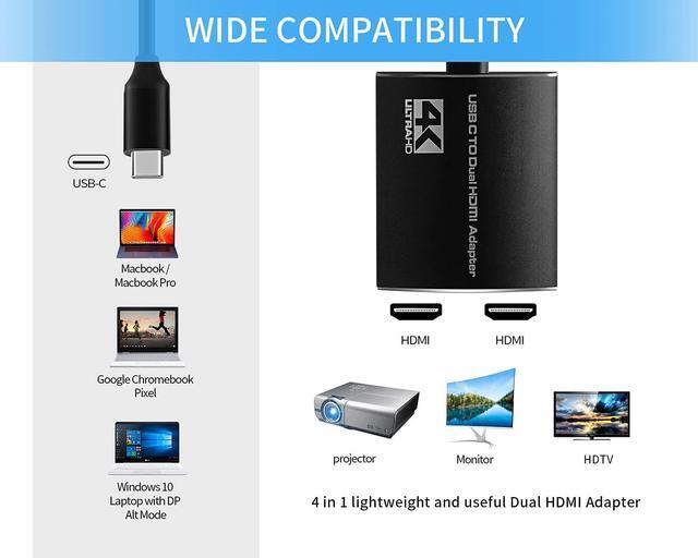 Alt view image 6 of 7 - USB C to Dual HDMI Adapter 4K @60Hz,A HDMI Cable 2ft Included,Thunderbolt 3 to HDMI for MacBook,MacBook Pro 2020/2019/2018 Apple iMac,iMac Pro,Google Chromebook Pixel,Samsung,Dell,Asus,Hp and More