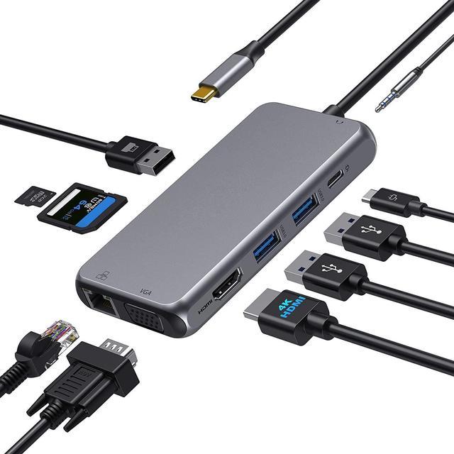 USB C Hub Multiport Adapter - 10 in 1 Portable Dongle with 4K HDMI, VGA,  Ethernet, 3 USB Ports, Audio, PD Charger, SD/Micro SD Card Reader  Compatible for MacBook Pro, XPS More