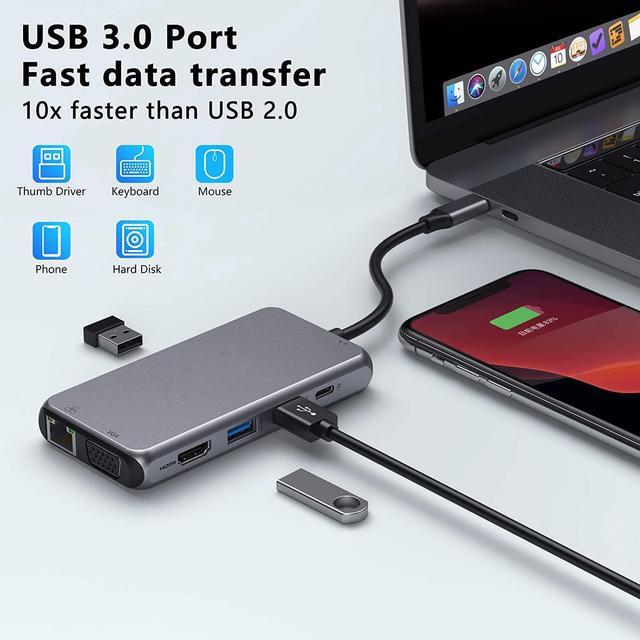 Alt view image 4 of 7 - USB C Hub Type C Multiport Adapter for MacBook Pro/Air,AUBEAMTO 10 in 1 Mac Dongle with HDMI, Ethernet, VGA, PD Port, 3 USB 3.0, SD/TF Card Reader and Mic/Audio for Windows Type C Laptops