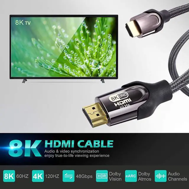 Alt view image 5 of 7 - 8K HDMI 2.1 Cable, 48Gbps Ultra HD Lead High-Speed Cord, Supports 8K@60Hz, 4K@120Hz, eARC HDR10, HDCP 2.2/2.3 Dolby, 3D, VRR, Compatible with Fire TV/Roku TV/PS5/Xbox/Nintendo Switch and More (3.3 ft)