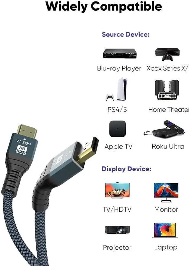 Alt view image 3 of 7 - New 8K HDMI-compatible Cable, 48Gbps 8K & 4K Ultra High Speed Cords(8K@60Hz 7680x4320, 4K@120Hz) eARC HDR10 HDCP 2.2 & 2.3 3D, Compatible for PS5/PS4/X-Box/Roku TV/HDTV/Blu-ray, 10 ft, 2-Pack