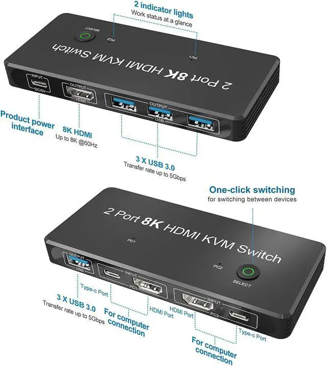 Alt view image 7 of 8 - AUBEAMTO 2 Port 8K HDMI KVM Switch 2 in 1 Out 8K@60Hz 4K@120Hz 2 PC to 1 Monitor with 4 USB 3.0 Ports for Sharing Keyboard, Mouse, U Disk