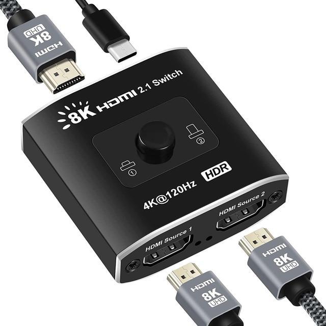 8K@60Hz HDMI 2.1 Switch, 4K@120Hz HDMI Switch 2 in 1 Out, 2 Ports HDMI  Switcher Selector, Support 1080P@240Hz, 48Gbps High Speed for PS5, Xbox,  Fire Stick, Roku, UHD Monitor Projector 