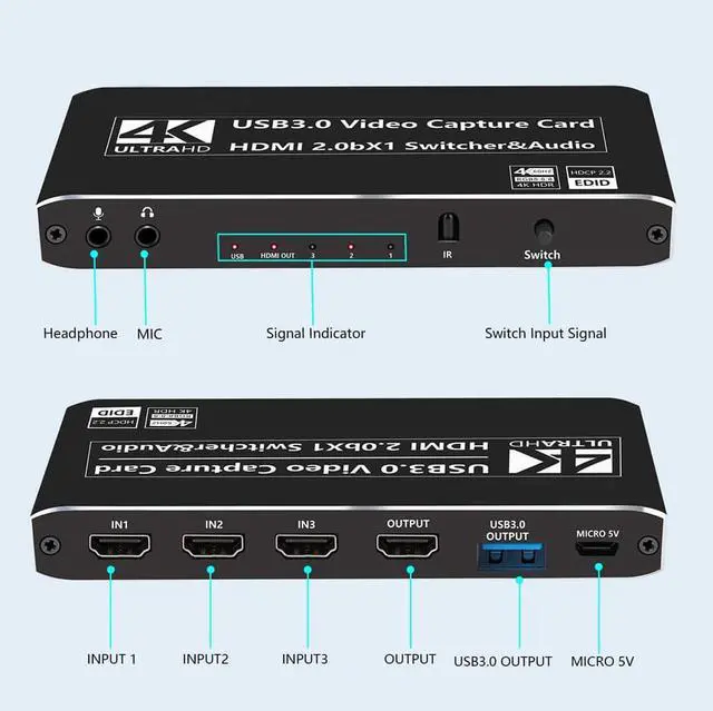Alt view image 2 of 7 - 4K@60Hz 3X1 HDMI Audio Video Capture Card with Mic&Audio, HDMI USB3.0/Type-C Capture Adapter Video Converter 4K 60fps for Video Game Recording Live Streaming Broadcasting,Support Nintendo Switch/Game