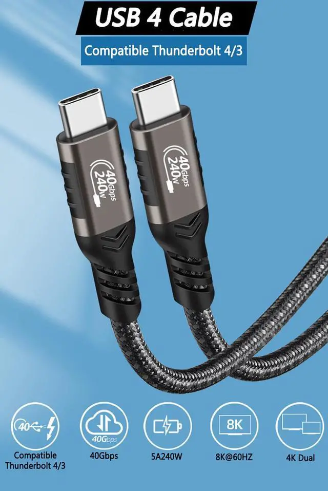 Alt view image 2 of 7 - 240W USB4 Cable 1.64FT, 8K PD3.1 USB Type C Fast Charging Cable, Support 8K/6K@60Hz & 40Gbps Transfer USB 4.0 Video Cord for Thunderbolt 3/4, MacBook Pro/Air, Samsung S22, eGPU, Docking, GaN Charger