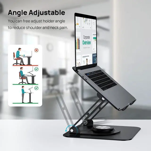 Alt view image 5 of 7 - AUBEAMTO Adjustable Laptop Stand with 360° Rotating Heavy Base, Ergonomic Laptop Riser for Desk, Stable Laptop Holder for Collaborative Working, Suit for 10-15.6" PC Computer, Dual Shaft, Black