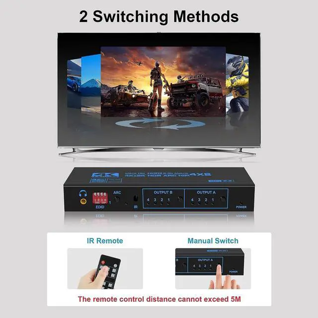Alt view image 5 of 7 - 4K@60Hz HDMI Matrix Switch 4X2 with ARC, AUBEAMTO 4 in 2 Out Matrix HDMI Video Switcher Splitter + Optical & 3.5mm Stereo Audio, Scaler 4K 1080P Synch, HDMI Audio Extractor with IR Remote Control