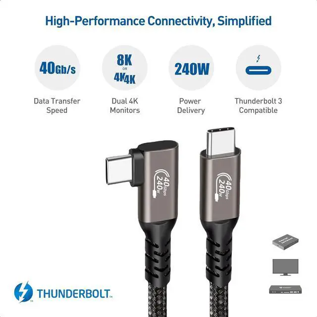Alt view image 2 of 7 - USB 4 Cable  3.3 ft [USB-IF Certified],AUBEAMTO Right Angle 40Gbps USB 4 Cable Supports 8K HD Display, 40 Gbps Data Transfer, 240W Charging USB C to Type-C Cable, for Laptop, Hub, Docking, and More