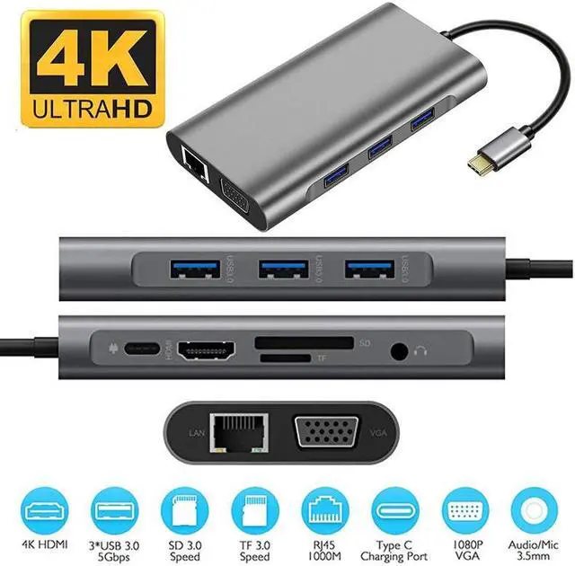Alt view image 3 of 7 - 10 in1 USB C Dock Station,AUBEAMTO Type-C Hub with 4K HDMI/1080P VGA/100W PD/Gigabit Ethernet/SD/TF/3*USB3.0/Audio Multiport Adapter for MacBook Laptop Notebook