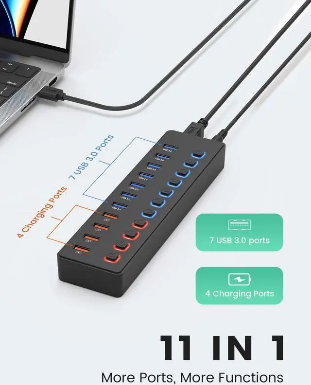 Alt view image 2 of 7 - Powered USB 3.0 Hub, AUBEAMTO 11-Port USB Hub Splitter (7 Faster Data Transfer Ports+ 4 Smart Charging Ports) with Individual LED On/Off Switches, USB Hub 3.0 Powered with Power Adapter for Mac, PC