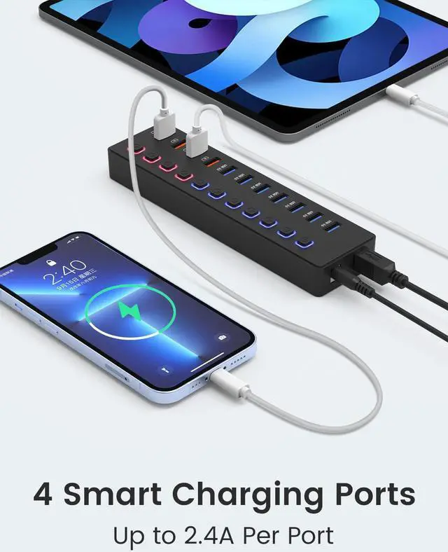 Alt view image 3 of 7 - Powered USB 3.0 Hub, AUBEAMTO 11-Port USB Hub Splitter (7 Faster Data Transfer Ports+ 4 Smart Charging Ports) with Individual LED On/Off Switches, USB Hub 3.0 Powered with Power Adapter for Mac, PC