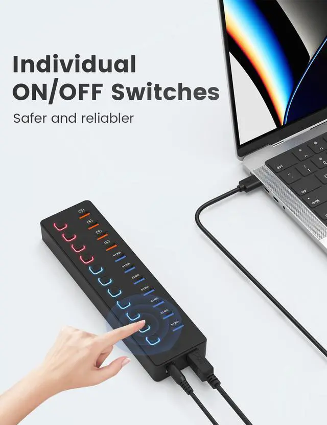Alt view image 5 of 7 - Powered USB 3.0 Hub, AUBEAMTO 11-Port USB Hub Splitter (7 Faster Data Transfer Ports+ 4 Smart Charging Ports) with Individual LED On/Off Switches, USB Hub 3.0 Powered with Power Adapter for Mac, PC