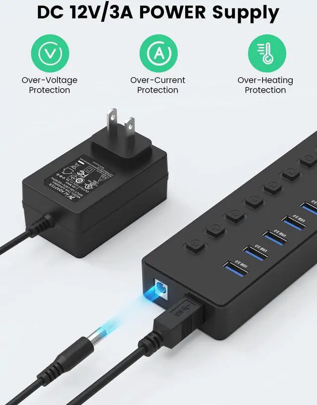 Alt view image 6 of 7 - Powered USB 3.0 Hub, AUBEAMTO 11-Port USB Hub Splitter (7 Faster Data Transfer Ports+ 4 Smart Charging Ports) with Individual LED On/Off Switches, USB Hub 3.0 Powered with Power Adapter for Mac, PC