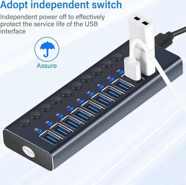 Alt view image 4 of 7 - Powered USB Hub, AUBEAMTO Aluminum 10-Port USB 3.0 Hub with 10 USB 3.0 Data Transfer Ports, USB Splitter with Individual Switch and 60W (12V/5A) Power Adapter for Laptop, PC, Computer, Mobile HDD