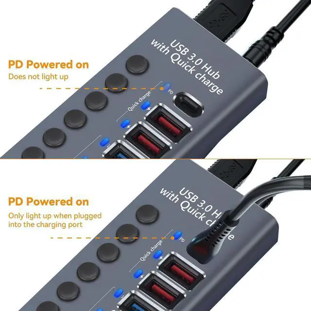 Alt view image 3 of 7 - Aluminum Powered USB 3.0 Hub,AUBEAMTO 7-Port USB Hub Splitter (4 USB 3.0 Data Transmission Ports + 2 Smart Charging Ports + 1 PD Charging Port), with 36W (12V/3A) Power Adapter and Independent Switch