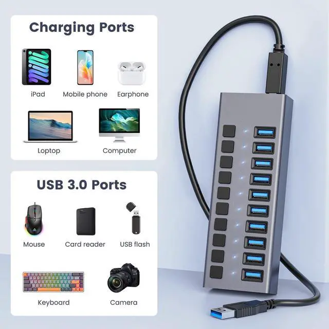 Alt view image 7 of 7 - Powered USB Hub -  10 Ports 48W USB 3.0 Data Port & Charge Port, Aluminum Housing, Individual On/Off Switches, 12V/4A Power Adapter, 5Gbps High Speed, USB 3.0 Hub for Laptop, PC, Computer, Mobile HDD