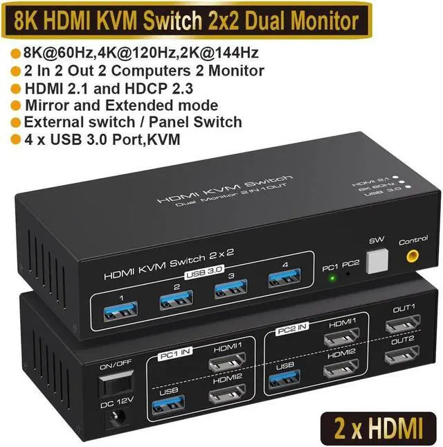 Main image of 8K KVM Switch HDMI 2 Monitors 2 Computers Support 8K@60Hz 4K@120Hz KVM Switcher PC Display Share 2 Monitors and 4 USB 3.0 Support Copy and Extend Mode Includes Desktop Control and Power Adapter