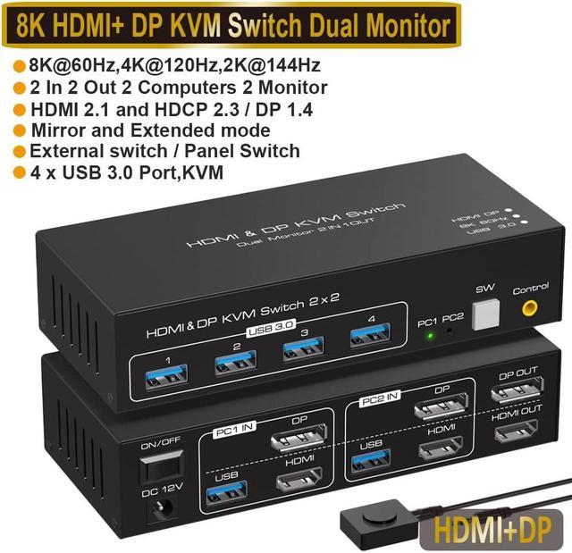 2 Port Dual Monitor DisplayPort HDMI KVM Switch 8K @60Hz, 4K @120Hz, USB  3.0 DP+HDMI KVM Switcher 2 in 2 Out for 2 Computers 2 Monitors with 4 Ports  USB 3.0 Support Copy and Extended Display 