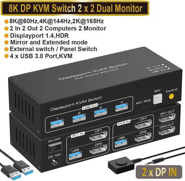 Main image of AUBEAMTO Displayport KVM Switch 2 Monitors 2 Computers 8K@60Hz 4K@120Hz Dual Monitor USB 3.0 DP KVM Switches for 4 USB3.0 Devices, Wired Extension Button,12V DC Adapter and 2 USB 3.0 Cables