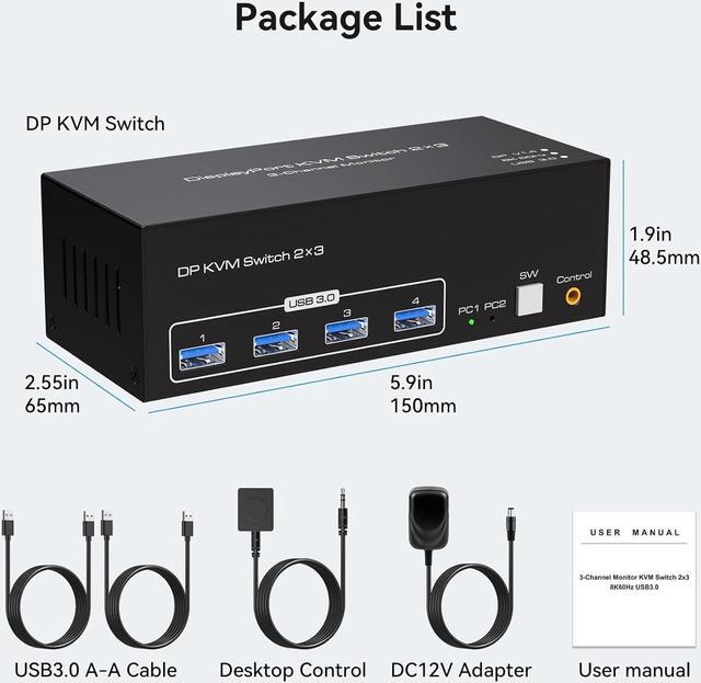 Alt view image 7 of 7 - 8K KVM Switch 3 Monitors 2 Computers Displayport 4K@120Hz USB 3.0 KVM Switches DP 1.4 Monitor Switch for 2 Computers with 4 USB Ports Support Extended & Copy Mode, With 12V DC Adapter and 2 USB cables