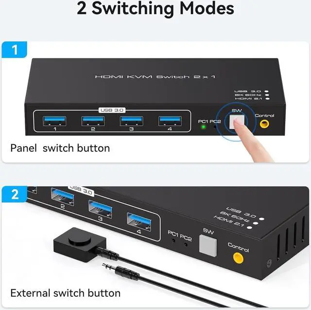 Alt view image 5 of 7 - 2 Port HDMI KVM Switch Support 8K60Hz 4K120Hz, USB 3.0 HDMI2.1 KVM Switch for 2 Computers Share 1 Monitor with 4 Port USB 3.0 Hub Includes Desktop Control and 2xUSB Cables