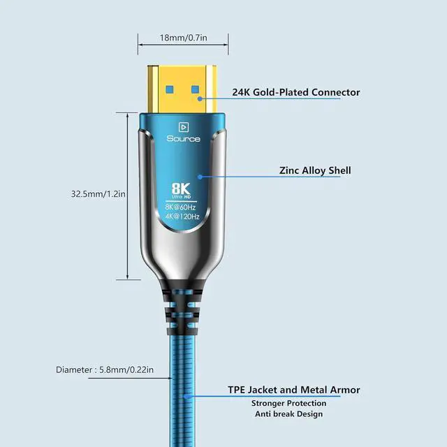 Alt view image 2 of 7 - 100Ft Fiber Optic HDMI Cables 8K 48Gbps, [UPGATED] Metal Armor Jacket, Ultra High Speed HDMI 2.1 Cable, 8K@60Hz 4K@120Hz, Compatible for Playstation 5 PC HDTV, Male-to-Male 100 ft.